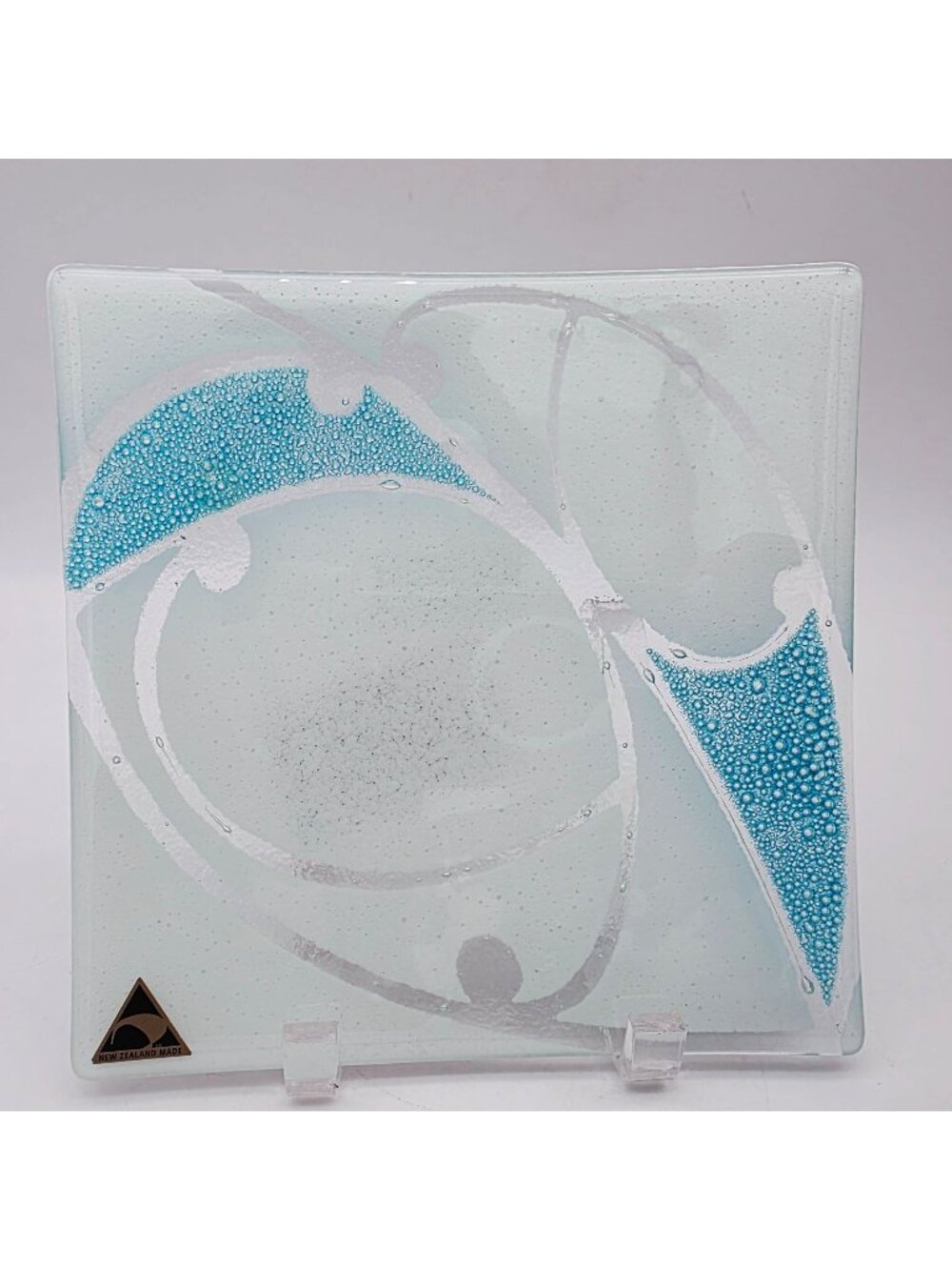Fused Glass Plate by Maori Boy Teal White Kawakawa Pattern 8" Square VTG